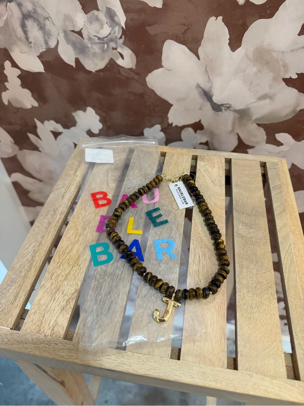 BaubleBar NWT Semi-Precious Bubble Initial Necklace with Gold 'J' in Tiger’s Eye - Picture 3 of 7